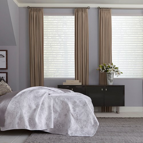 The Light Filtering Sheer Shades paired with the easy classic pleat drapery. Shade Color: Linen Ash S65BN823; Drapery Color: Ashton Stripe Linen