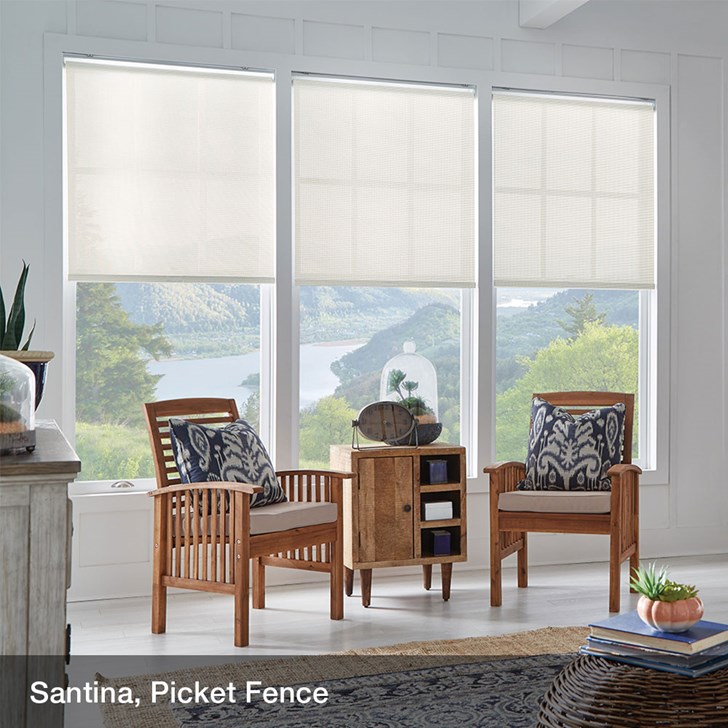 Color: Santina Picket Fence; Fold Style: Solar Shades; Lift: Cordless