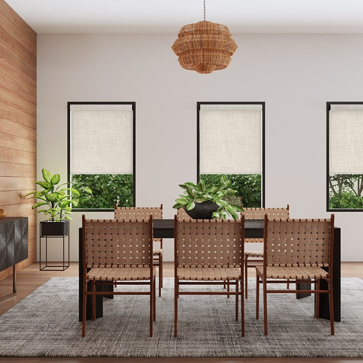 Blackout Roller Shades in the Tundra Blackout Linen color with the Large Cassette valance and Fabric Wrapped Bottom Rail.