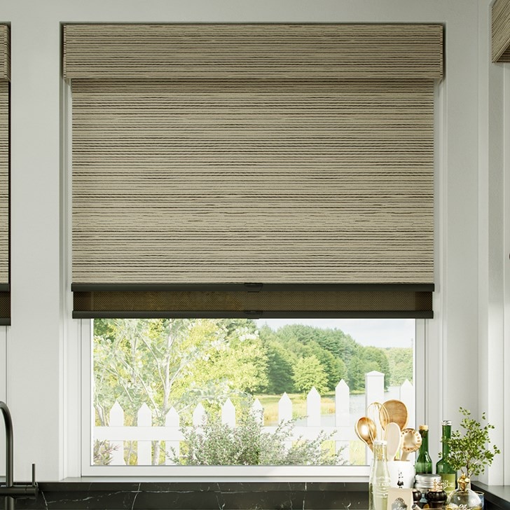 Color: Highland Sandstone; Dual Shade: Aurora 5% Umber; Bottomrail: Plain Hembar; Headrail: 7 Inch Fabric Valance