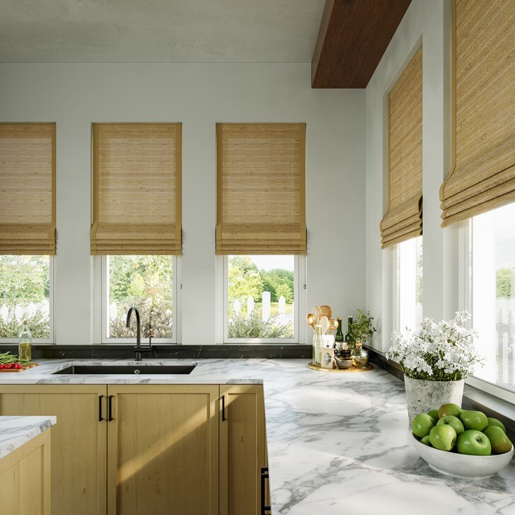 Color: Terra Oak 800; Lift: Continuous Cord Loop; Light Filtering Liner: Beige; Edge Binding: Dark Beige