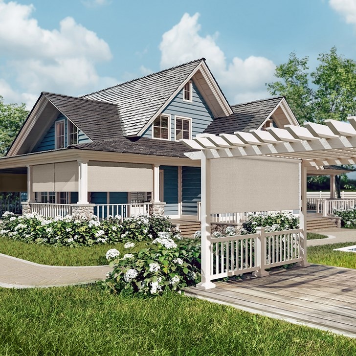 Outdoor Roller Shades in Pebble with Removable Wand