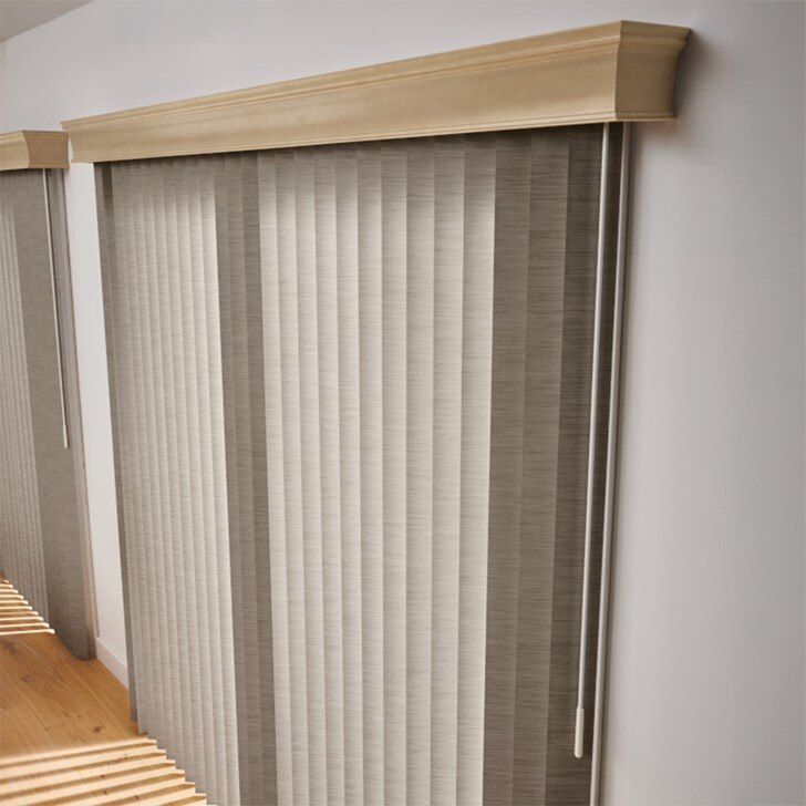Vertical Blinds with Wand Control: Panorama, Vista 0071 and Regal Wood Cornice: True Taupe 1848