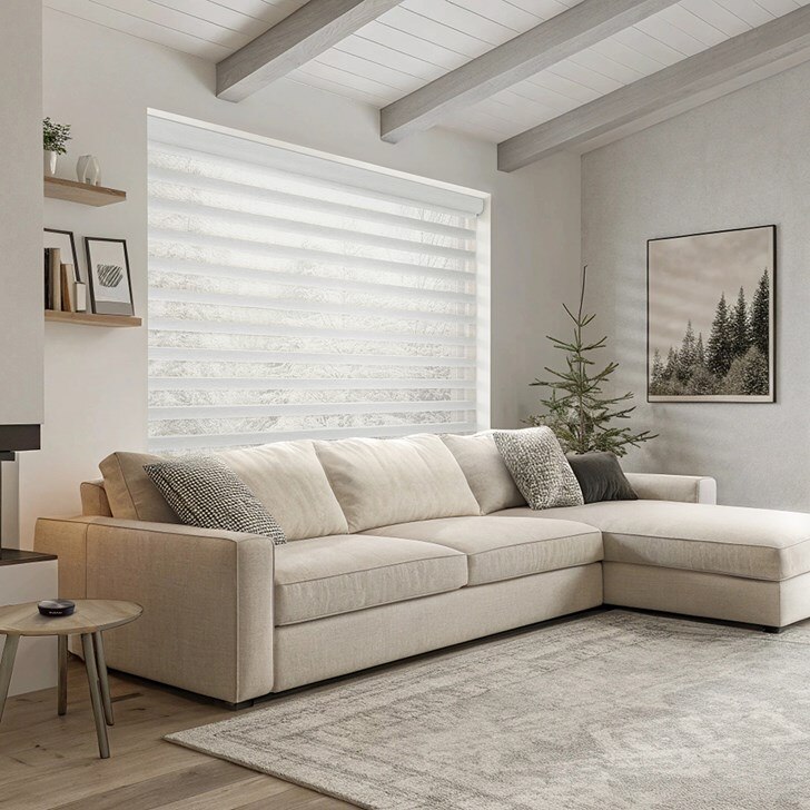 Color: White; Lift: Motorized; Opacity: Light Filtering