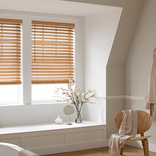 The Premium 2 1/2in. Faux Wood Blinds in the English Chestnut color with the 2 1/2in. Modern Valance.