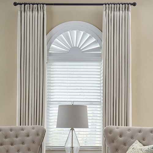 Movable arch in color True White 4196 with slats partially open; Blind Color: White P630; Drapery Color: Athena Corn Silk 996