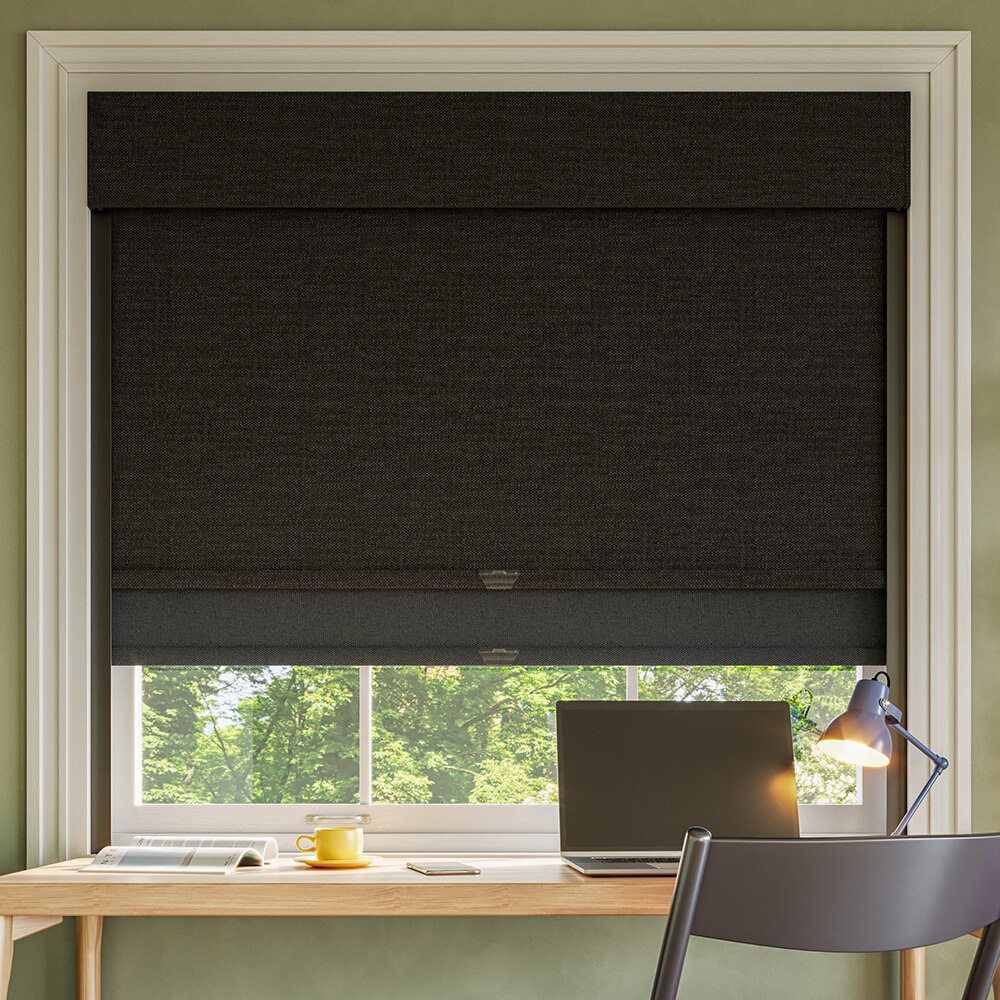 Color: Irish Linen Raven; Dual Shade: Landera Eclipse; Headrail: 7 Inch Fabric Valance Light Control: Light Guard.