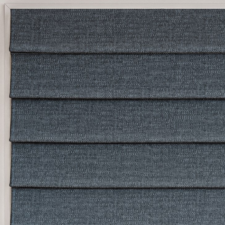 Color: Bellingham Night CM306; Blackout Liner: White; Mount: Outside; Fold Style: Hobbled; Lift: Continuous Cord Loop in the Stainless Steel color;