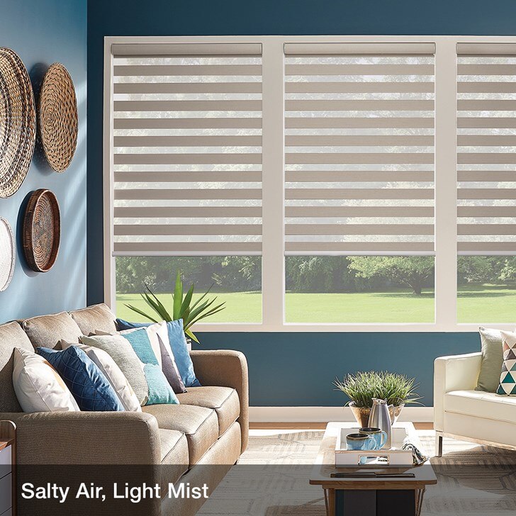 Color: Salty Air Light Mist; Fold Style: Layered Shades; Lift: Continuous Cord Loop