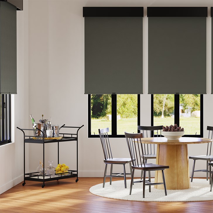 Color: Splendor Charcoal; Bottom Rail: Fabric Wrapped; Headrail: Black 4 Inch Square Aluminum Fascia