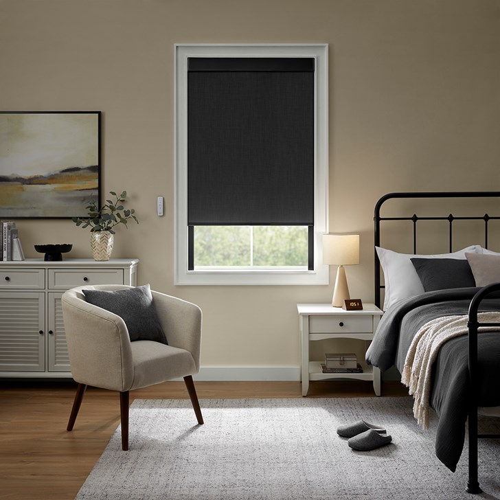 Color: Midnight 21807; Lift: Motorized Battery Wand with 1-Channel Remote; Light Control: Light Blocker in Black; Headrail: 4in Flat Fascia