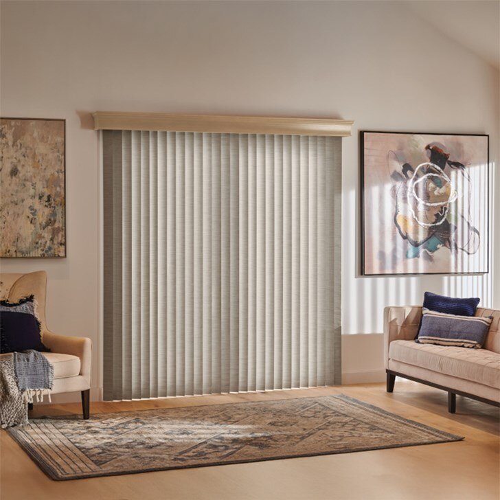 Vertical Blinds with Wand Control: Panorama, Vista 0071 and Regal Wood Cornice: True Taupe 1848