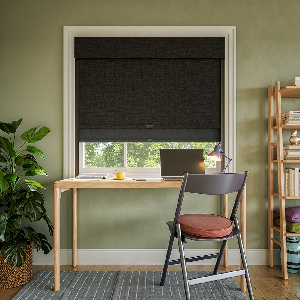 Color: Irish Linen Raven; Dual Shade: Landera Eclipse; Headrail: 7 Inch Fabric Valance Light Control: Light Guard.