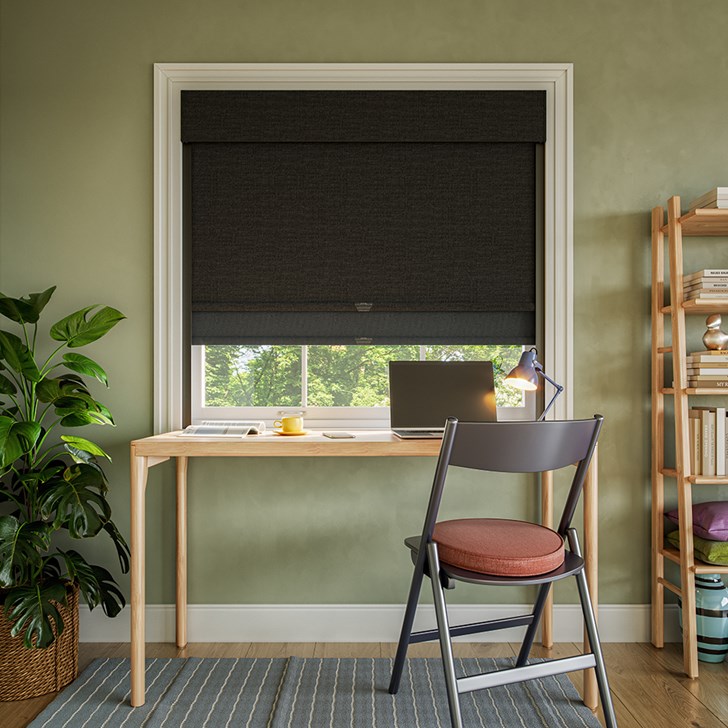 Color: Irish Linen Raven; Dual Shade: Landera Eclipse; Headrail: 7 Inch Fabric Valance Light Control: Light Guard.