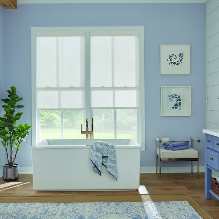 Roller Shade with EasyTouch Cordless Lift, Fabric-Wrapped Hem Bar: Tahoe LF, Wading Water 14717 and Contour Valance