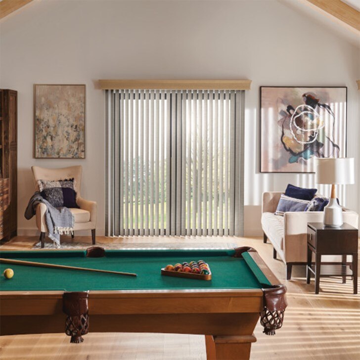 Vertical Blinds with Wand Control: Panorama, Vista 0071 and Regal Wood Cornice: True Taupe 1848