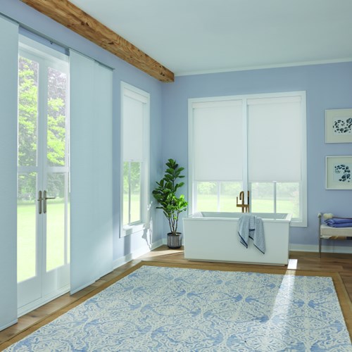 Roller Shade with EasyTouch Cordless Lift, Fabric-Wrapped Hem Bar: Tahoe LF, Wading Water 14717 and Contour Valance