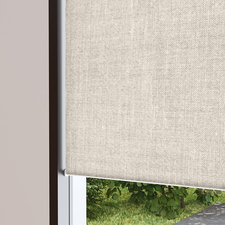 Blackout Roller Shades in the Tundra Blackout Linen color with the Fabric Wrapped Bottom Rail.