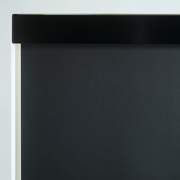 Color: Rocklin Jet R22; Lift: Motorized; Bottom Rail: Fabric Wrapped; Headrail: 3 Inch Square Aluminum Fascia in Black