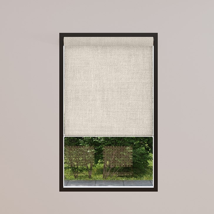 Blackout Roller Shades in the Tundra Blackout Linen color with the Large Cassette valance and Fabric Wrapped Bottom Rail.