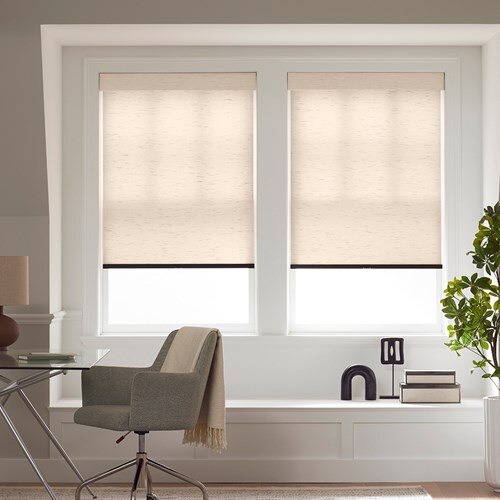 Light Filtering Roller Shades in the Milan Graphite color with the Fabric Wrapped Cornice.