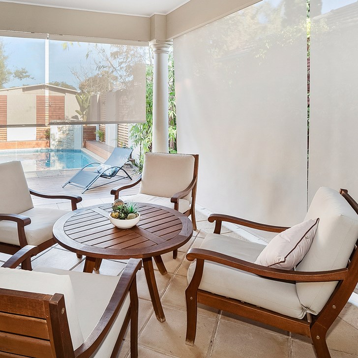 Outdoor Roller Shades in Ivory with Solar-Powered Motor