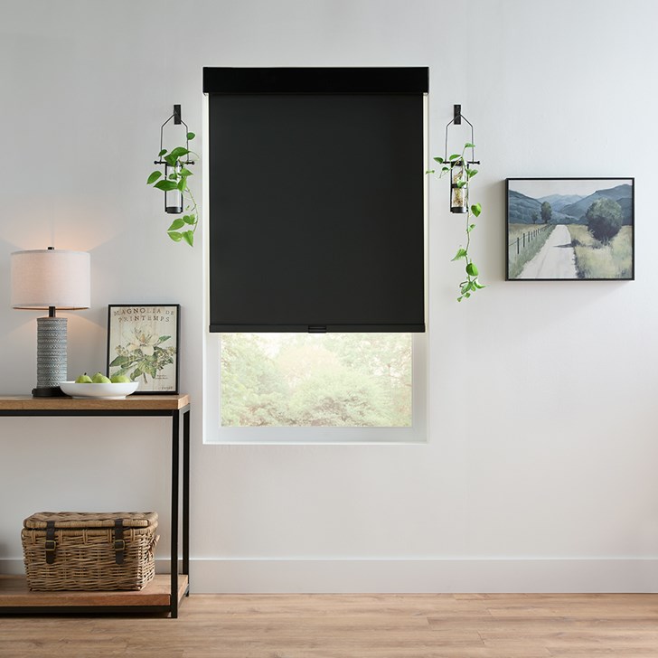 Color: Rocklin Jet R22; Lift: Motorized; Bottom Rail: Fabric Wrapped; Headrail: 3 Inch Square Aluminum Fascia in Black