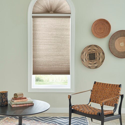Window: ½" Double Cell Cellular Shade with Cordless Lift. Arch: ½" Double Cell Cellular Shade in Perfect Arch. Color: Taupe Utopia.