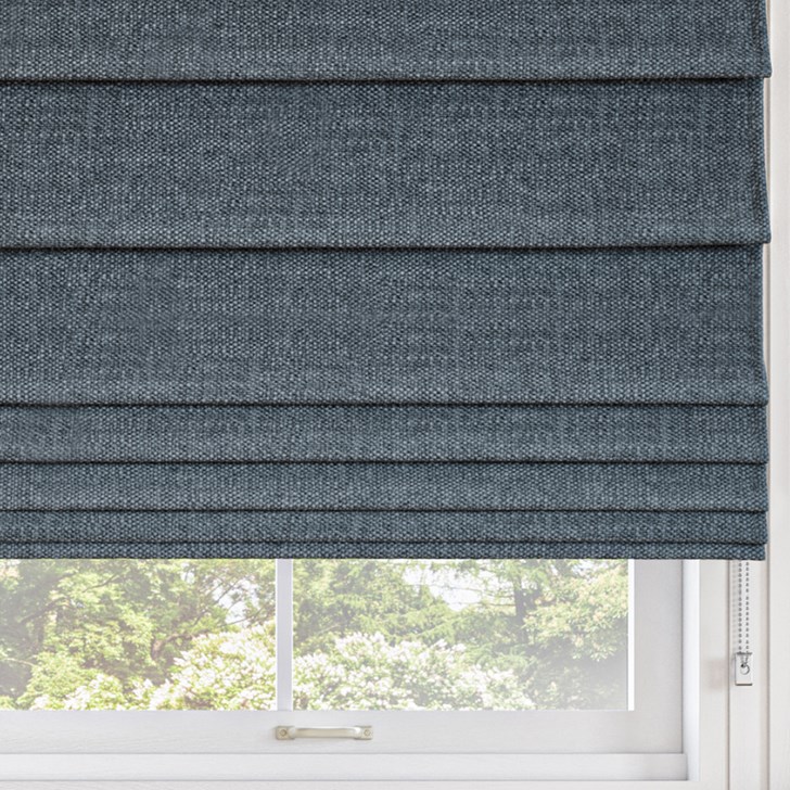 Color: Bellingham Night CM306; Blackout Liner: White; Mount: Outside; Fold Style: Hobbled; Lift: Continuous Cord Loop in the Stainless Steel color;