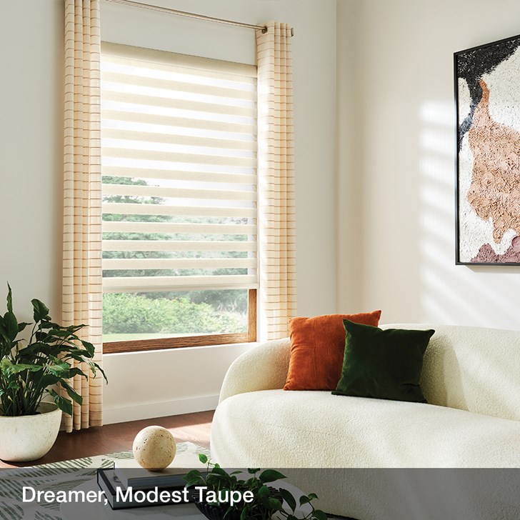 Color: Dreamer Modest Taupe; Fold Style: Layered Shades; Lift: Continuous Cord Loop