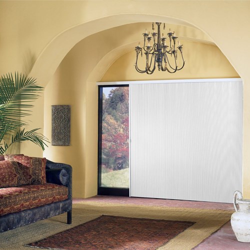These vertically-oriented cellular shades feature two movable side rails with locking handles for ease of operation; this allows the shade stack to be positioned on the right, left or in the center.  Color: Bright White