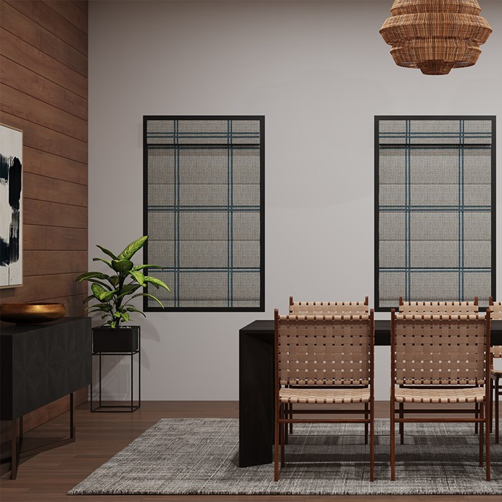 Color: Hartford Blue Basket; Lift: Cordless; Valance Style: Fabric; Shade Type: Plain Fold with Seams; Liner: Blackout in White