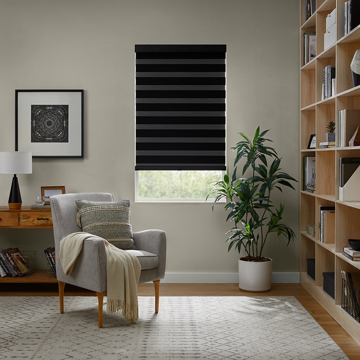 Color: Charron Black CHR05; Lift: Cordless; Headrail: Metal Square Cassette in the Black color; Bottom Rail: Rounded Bottom Bar with Pull Tab