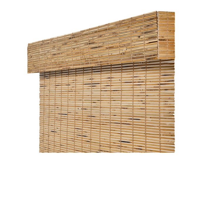 Motorized Woven Wood Shades in the Malibu Caramel color.