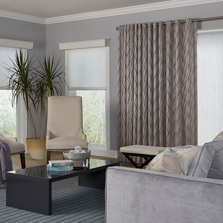 Vertical cellular shade paired with the cellular shade. Shade Color: White DLF812; Cornice: Davenport Cotton; Drapery Color: Sandscapes Driftwood 968