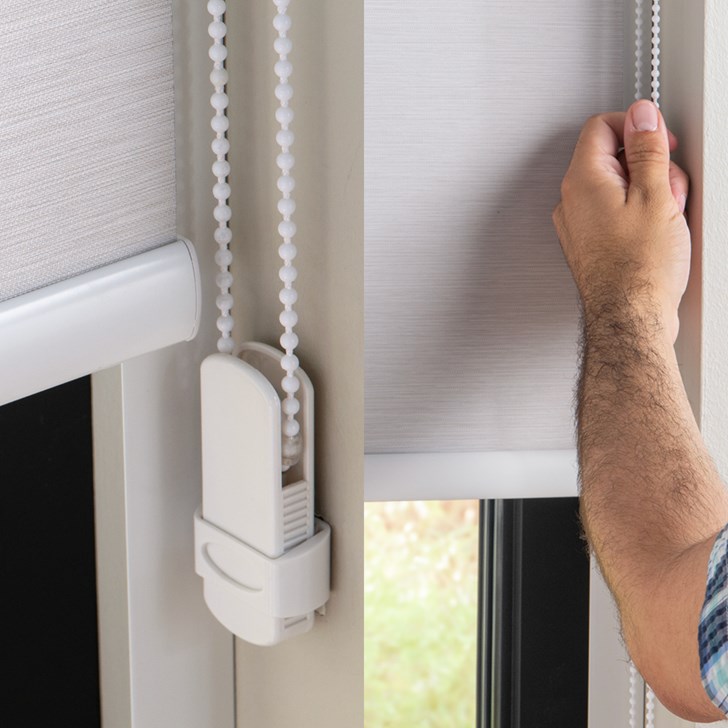 Opacity: Blackout; Color: Shawnee Cascade F0828; Lift: Continuous Corded Loop White Plastic; Valance: Curved Fascia with Fabric Insert; Hem Bar: Plain White; Accessory: Light Guard White