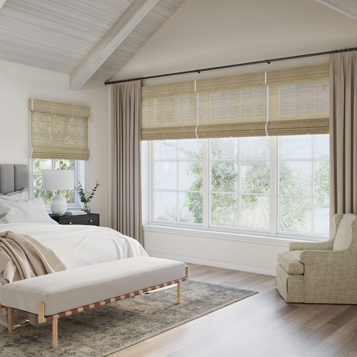 Color: Barcelona Sand JUB019; Lift: Cordless; Headrail: Decorative Valance; Edge Binding: Ivory