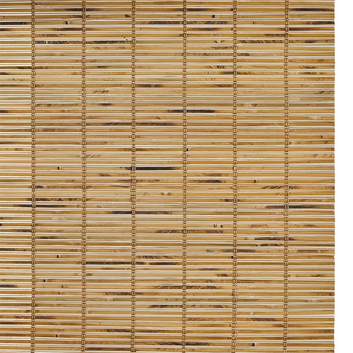 Motorized Woven Wood Shades in the Malibu Caramel color.