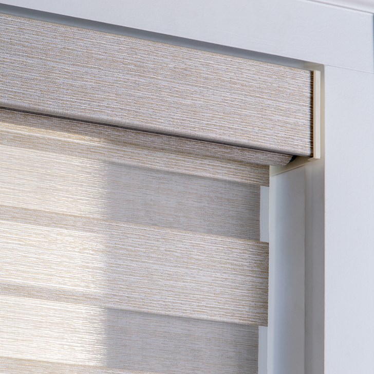Color: Crete Almond CRE01; Lift: Cordless; Valance: Square Fabric Wrapped Cassette; Bottom Bar: Rounded with Pull Tab