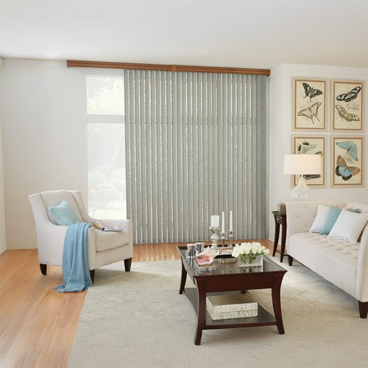 Fabric Vertical Blinds with One Touch Wand Control: Monroe, Green Tea 0432 with 3 ¬O Traditional Wood Valance and Keystone: Majestic Walnut 1041