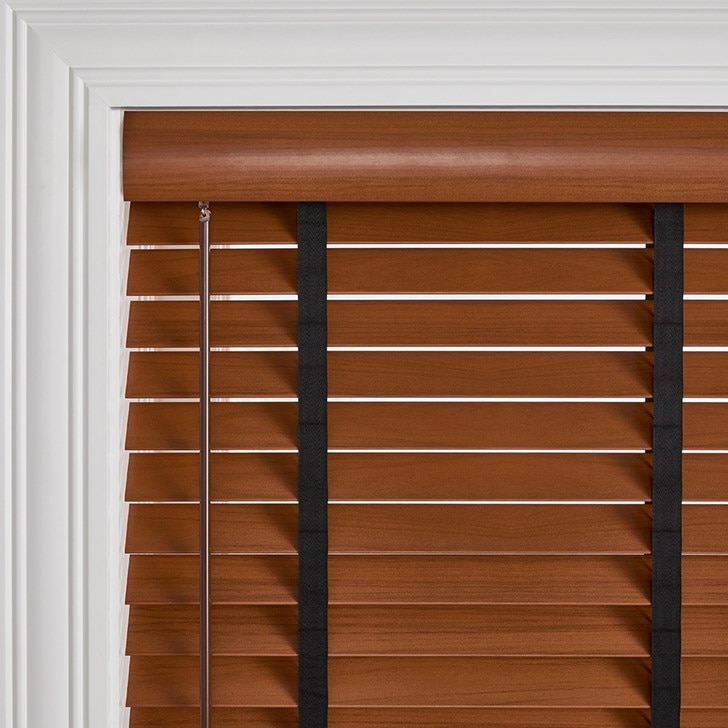 Color: Aspen Warm Cherry 136; Cloth Tape: Ebony; Headrail: Zen Valance