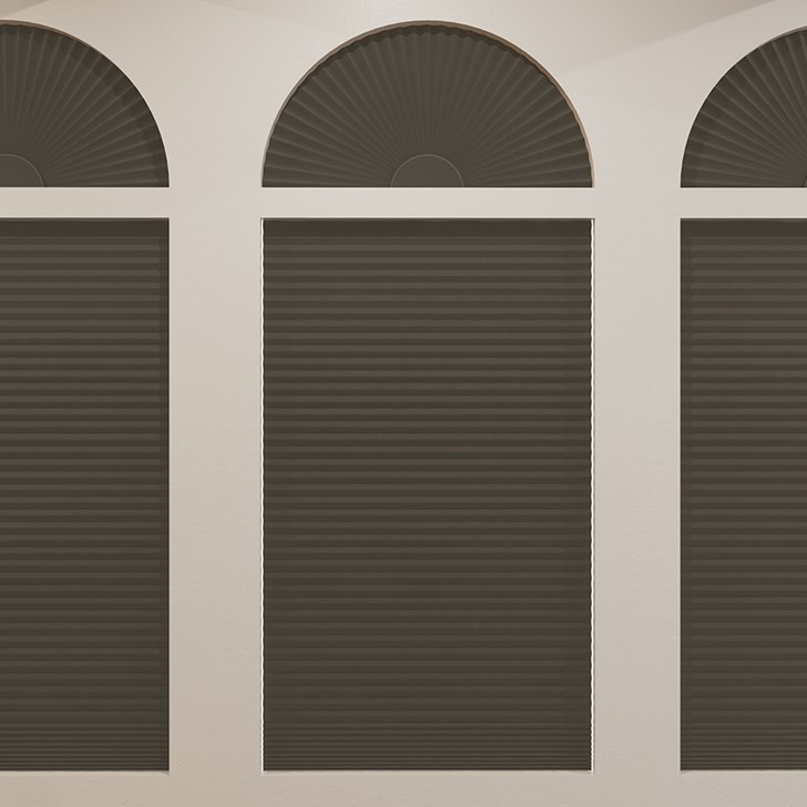 Blackout Cellular Arch and Blackout Cellular Shades in the Dark Chocolate color.x