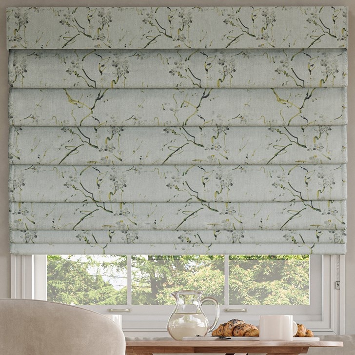 Color: Kyoto Pear Blossom SW246; Blackout Liner: White; Mount: Outside; Fold Style: Hobbled; Lift: Continuous Cord Loop; Headrail: Fabric Valance