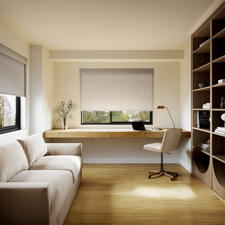 Color: Modica Cornerstone; Opacity: Blackout; Bottom Rail: Square Hem Bar; Add-On: Light Blocker; Headrail: 5 Inch Fascia