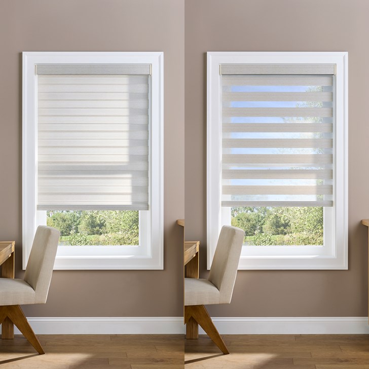 Color: Crete Almond CRE01; Lift: Cordless; Valance: Fabric Wrapped Square Cassette; Bottom Bar: Rounded with Pull Tab