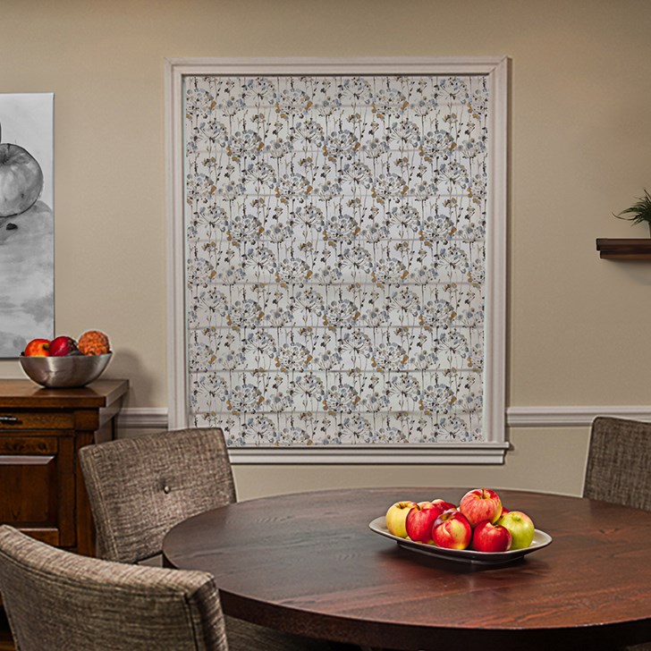 Roman Shade in the Le Jardin TanGrey color.