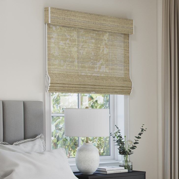 Color: Barcelona Sand JUB019; Lift: Cordless; Headrail: Decorative Valance; Edge Binding: Ivory
