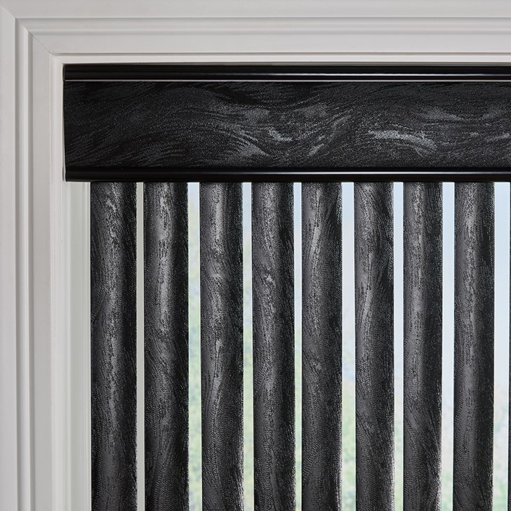 Color: Fresno Black FR-2056; Stack: 1 Way; Headrail: Marquee Valance; Trim Color: Black