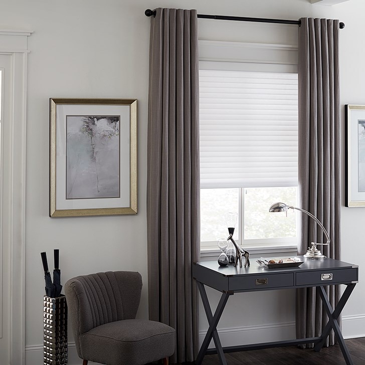 Blinds.com Easy Grommet Drapery Panel in pattern Linen Stripe Tan - Smoke paired with Blinds.com 2 Inch Radiance Light Filtering Sheer Shade in color Shantung Alpine