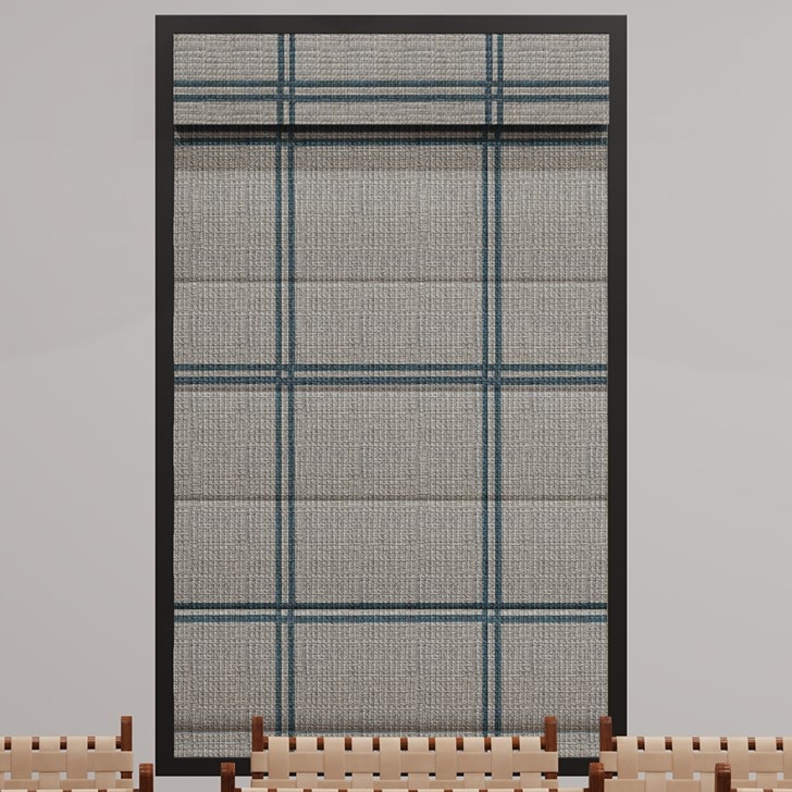 Color: Hartford Blue Basket; Lift: Cordless; Valance Style: Fabric; Shade Type: Plain Fold with Seams; Liner: Blackout in White